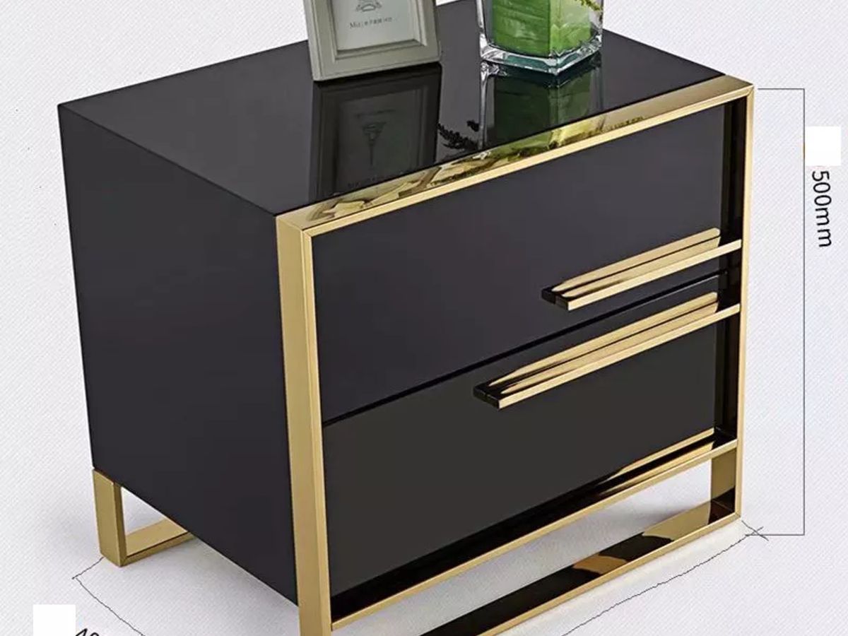 High Gloss Lacquer 2-Drawer Nightstand | Solid Wood Frame with Stainless Steel Legs