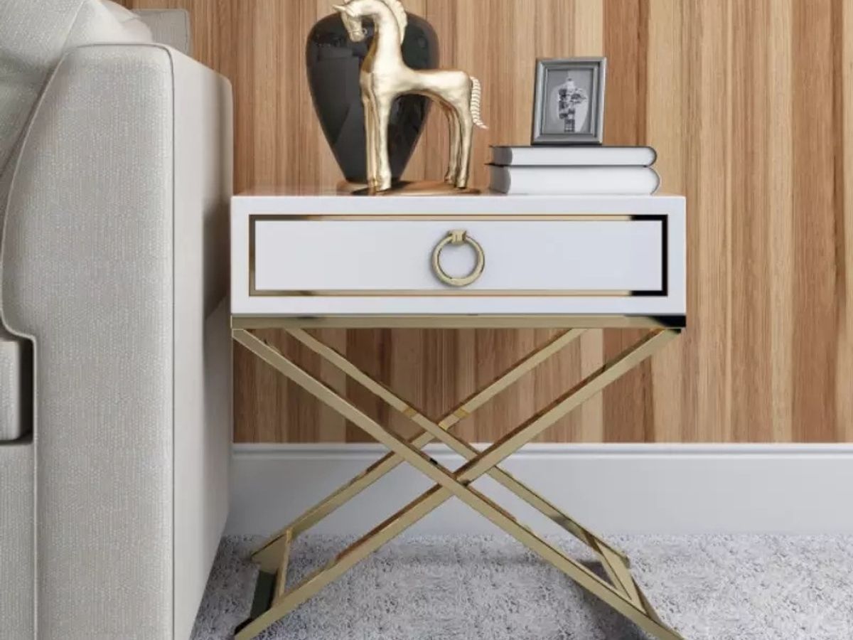 Black Lacquer Bedside Table with Gold Trim | Modern Square Nightstand