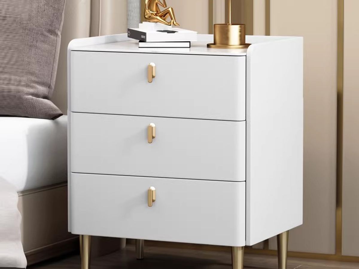 Modern 3-Drawer Bedside Table with Gold Legs | Leather Finish