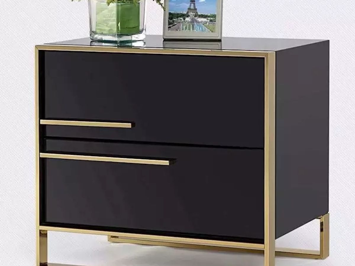 High Gloss Lacquer 2-Drawer Nightstand | Solid Wood Frame with Stainless Steel Legs
