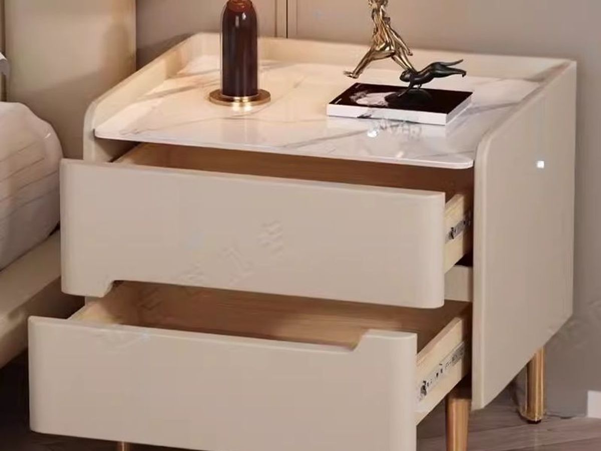 Gold Leg Nightstand with Sintered Stone Top | Luxury Bedside Table