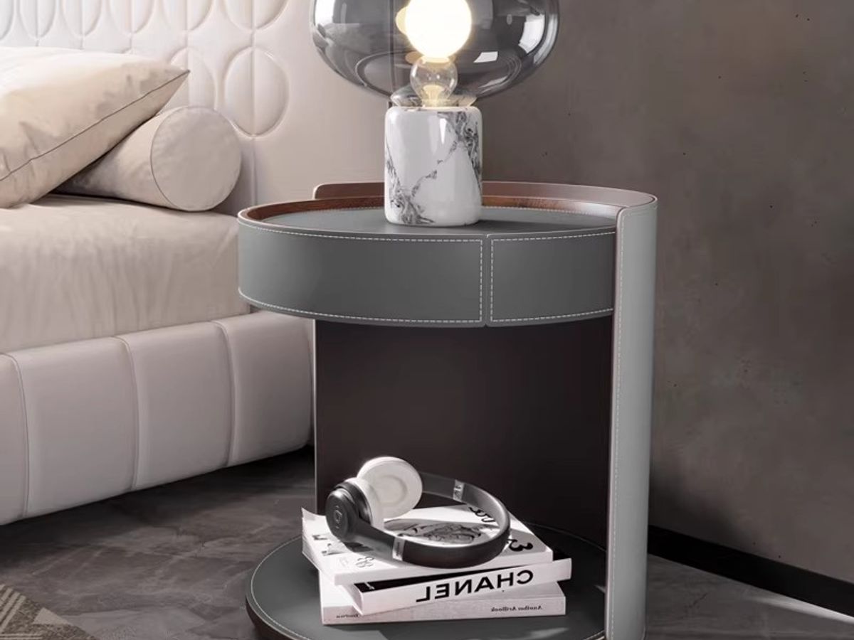Saddle Leather Bedside Table with Stone Top