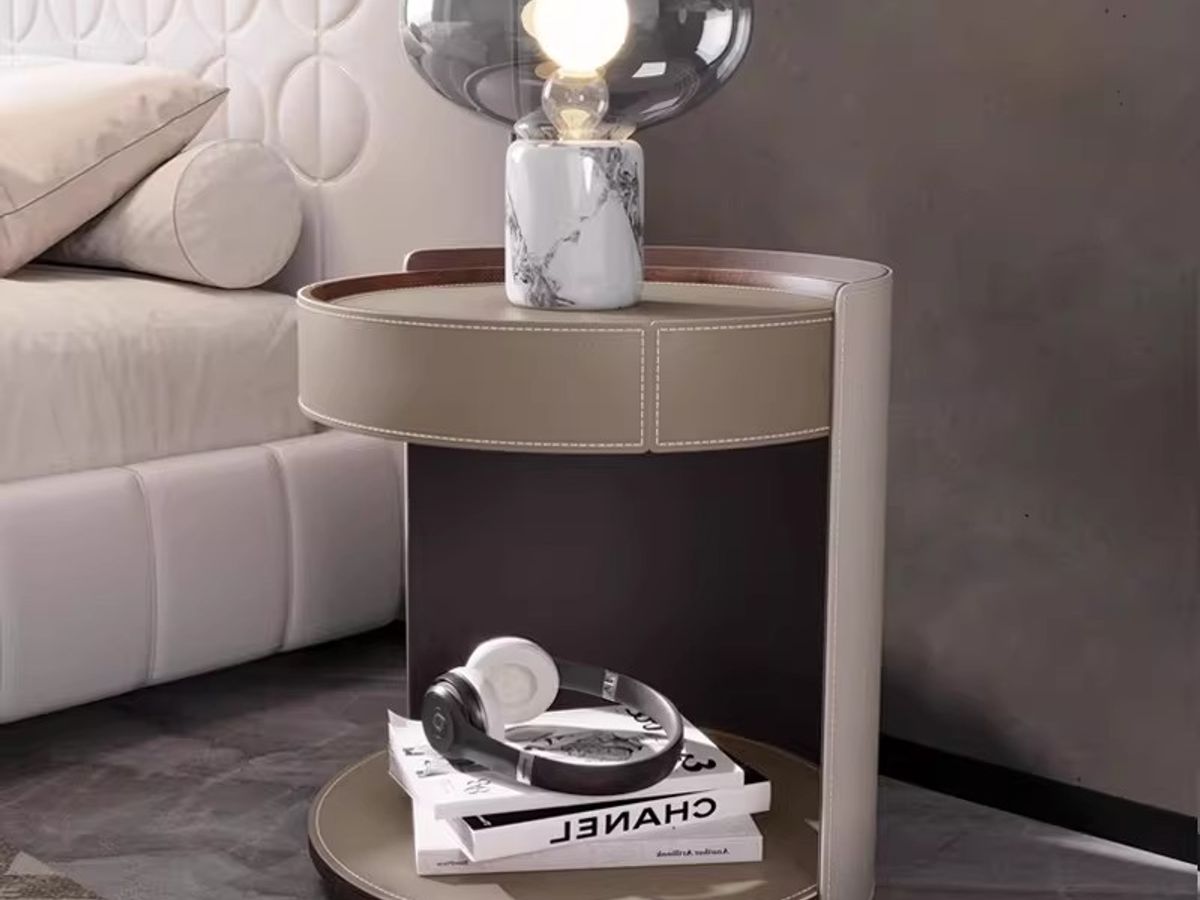 Saddle Leather Bedside Table with Stone Top