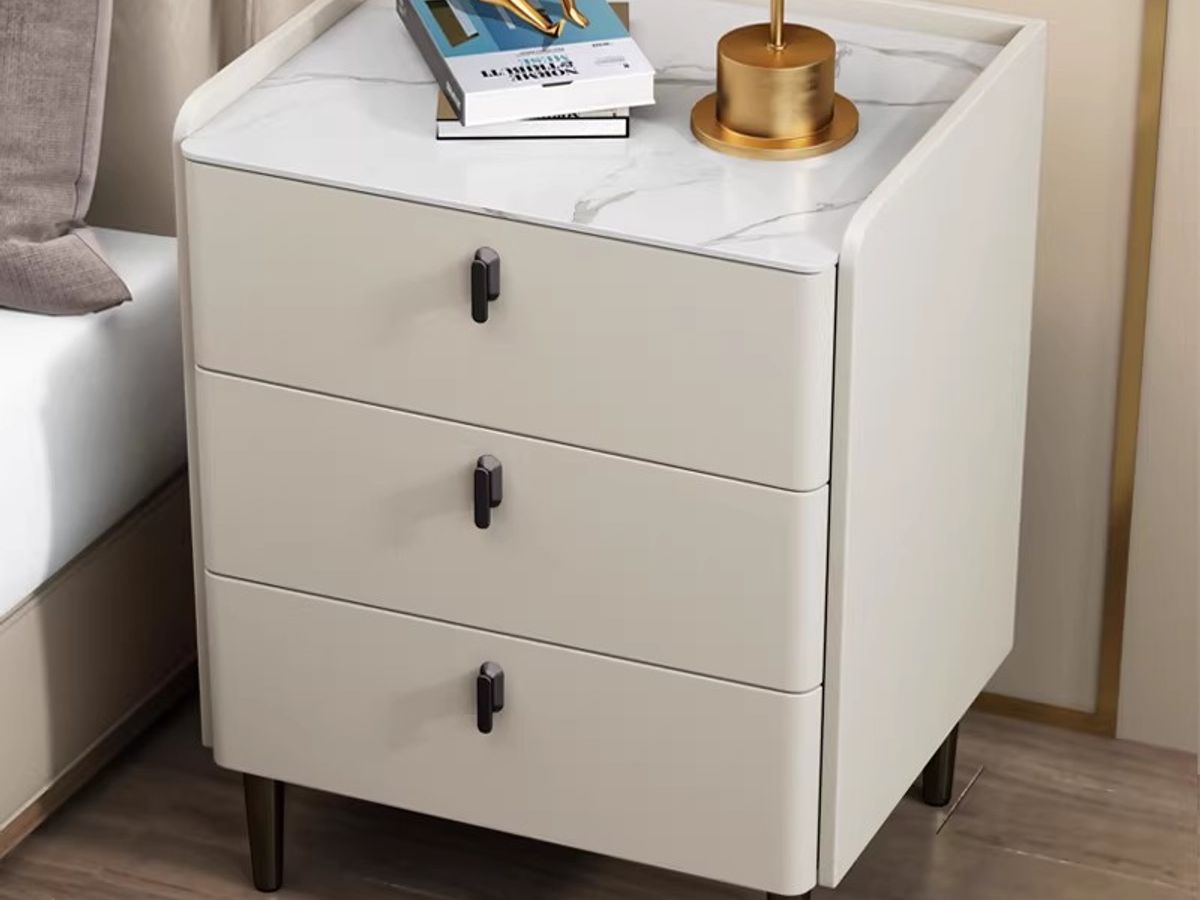 Modern 3-Drawer Bedside Table with Gold Legs | Leather Finish