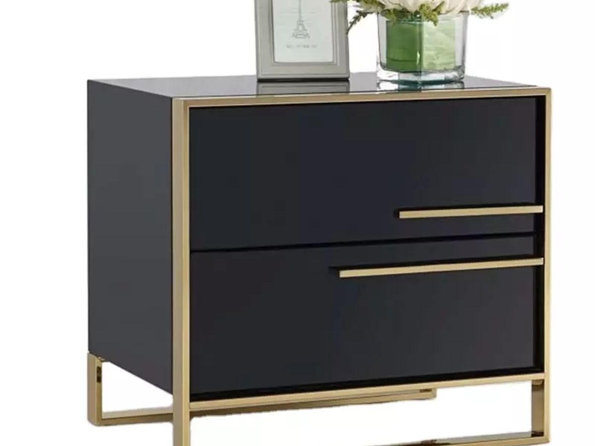High Gloss Lacquer 2-Drawer Nightstand | Solid Wood Frame with Stainless Steel Legs