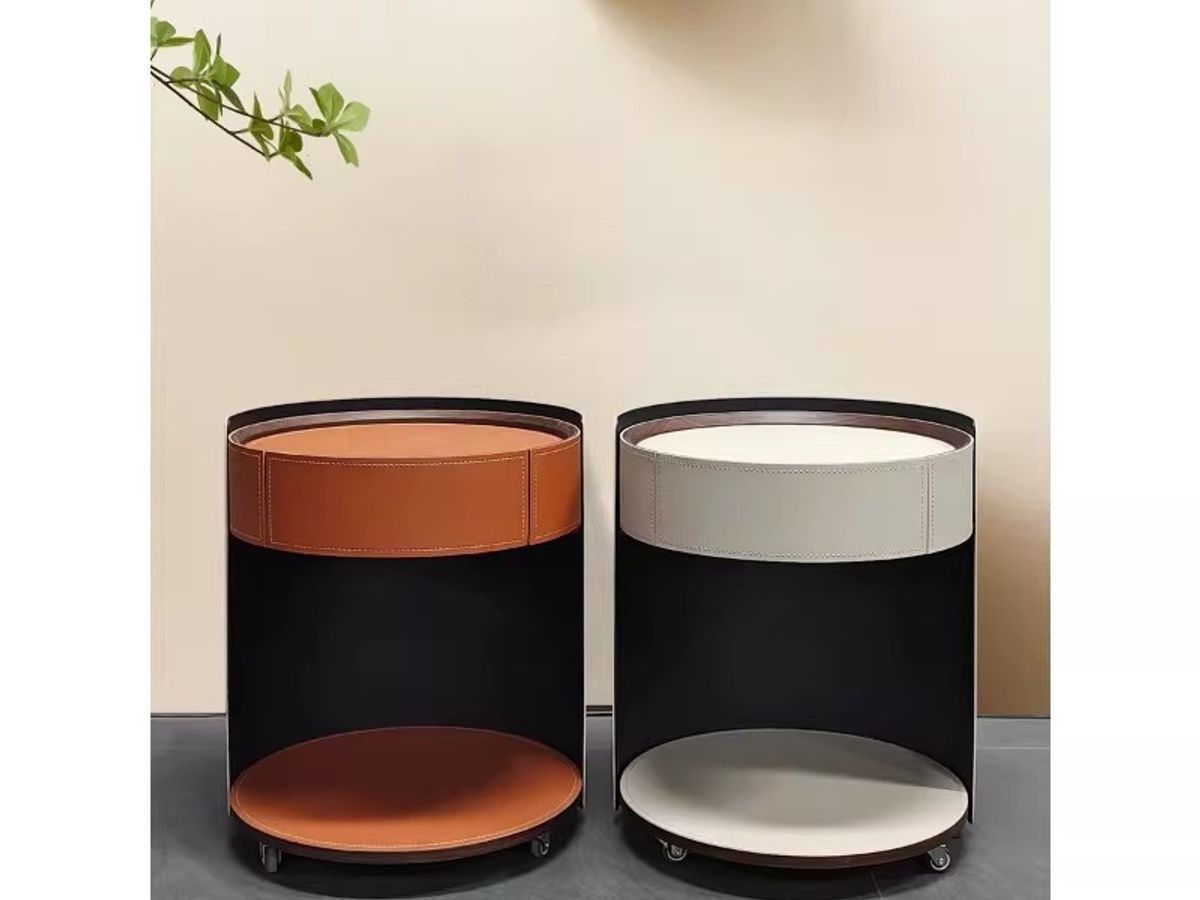 Saddle Leather Bedside Table with Stone Top