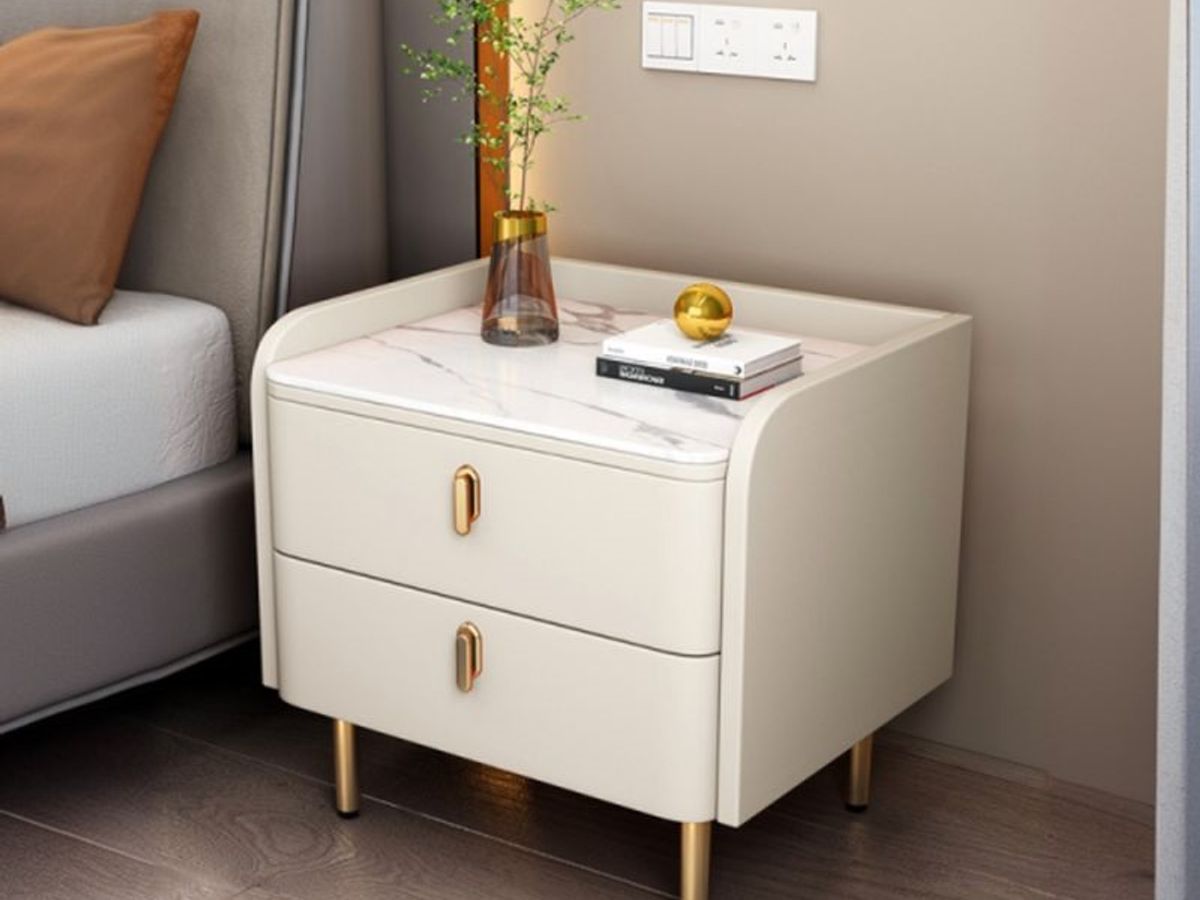 PU Leather 2-Drawer Nightstand with Gold Metal Legs | Factory Direct