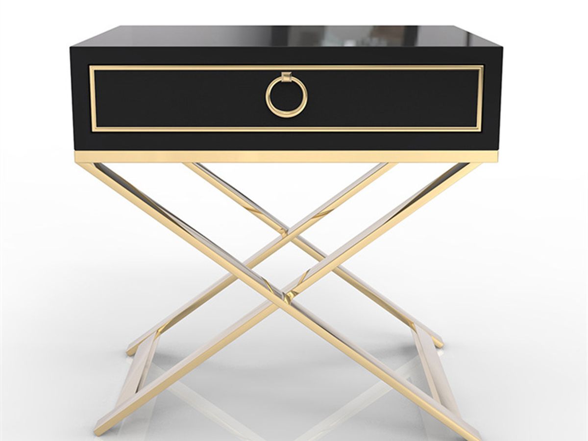 Black Lacquer Bedside Table with Gold Trim | Modern Square Nightstand