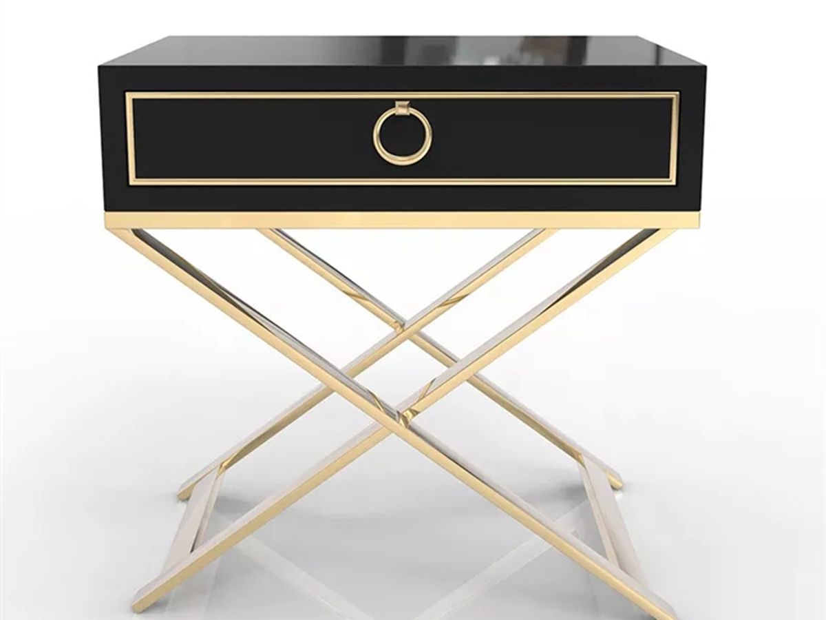 Black Lacquer Bedside Table with Gold Trim | Modern Square Nightstand