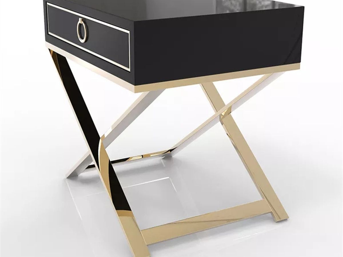 Black Lacquer Bedside Table with Gold Trim | Modern Square Nightstand
