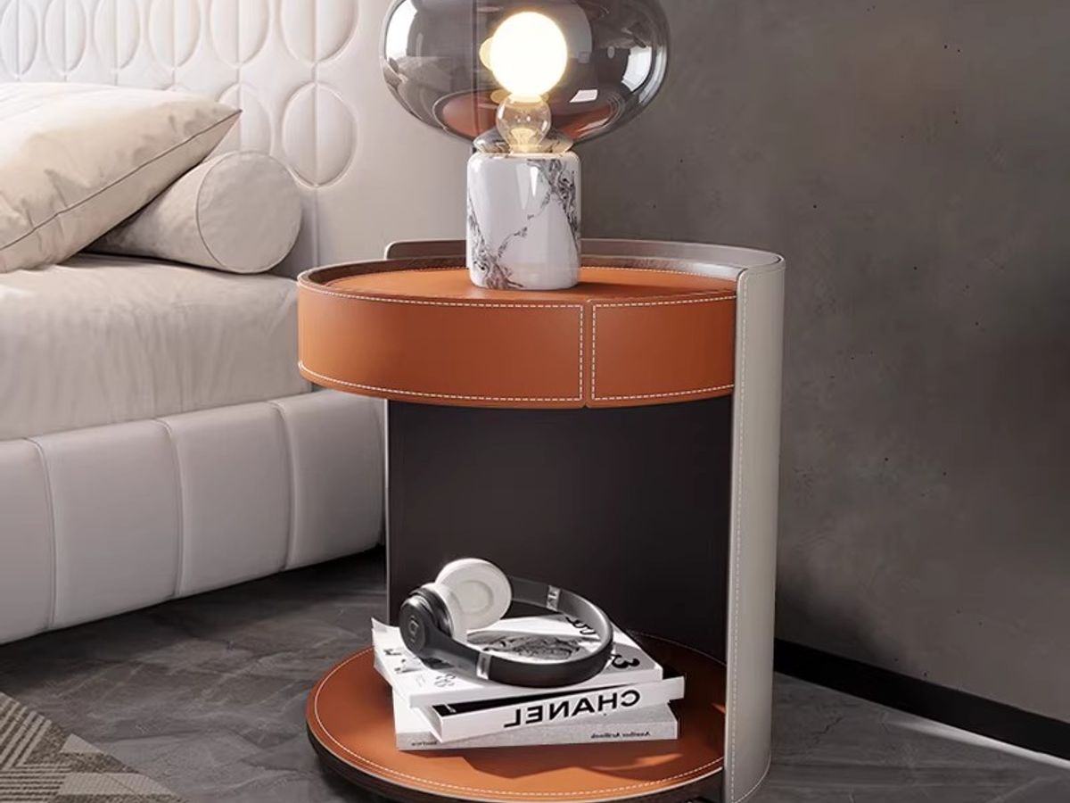 Saddle Leather Bedside Table with Stone Top