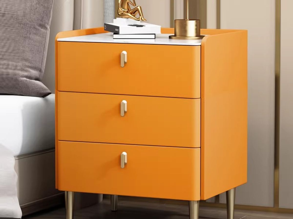Modern 3-Drawer Bedside Table with Gold Legs | Leather Finish