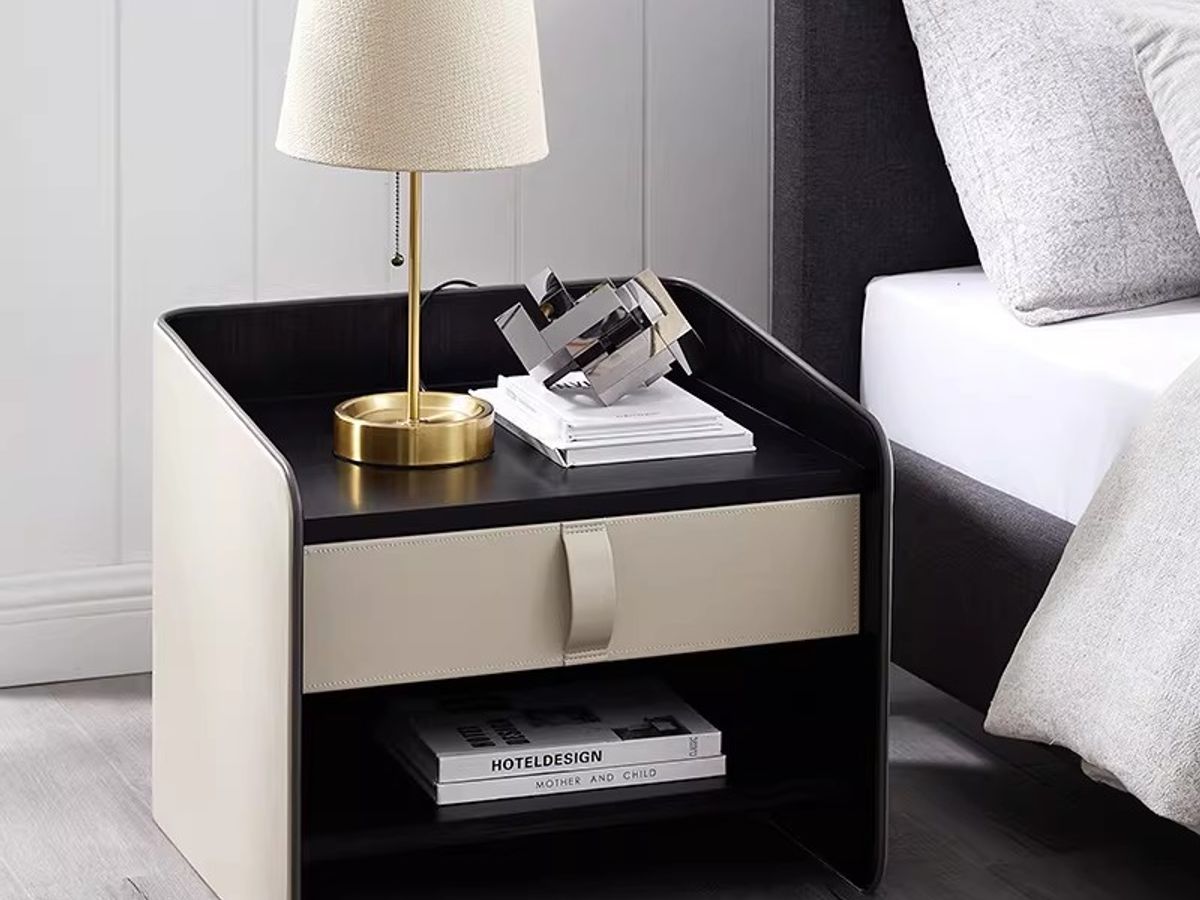 Luxury Leather Bedside Table with Metal Hardware