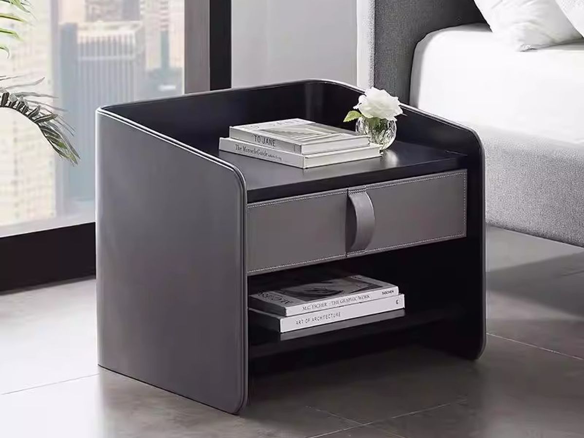 Luxury Leather Bedside Table with Metal Hardware