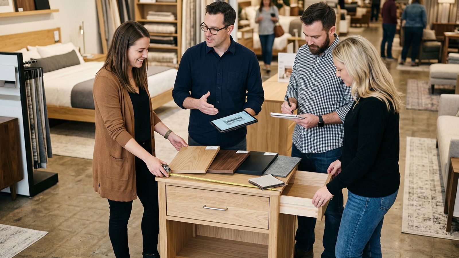 Furniture merchandising and quality control team discussing a bedside table sample in a showroom