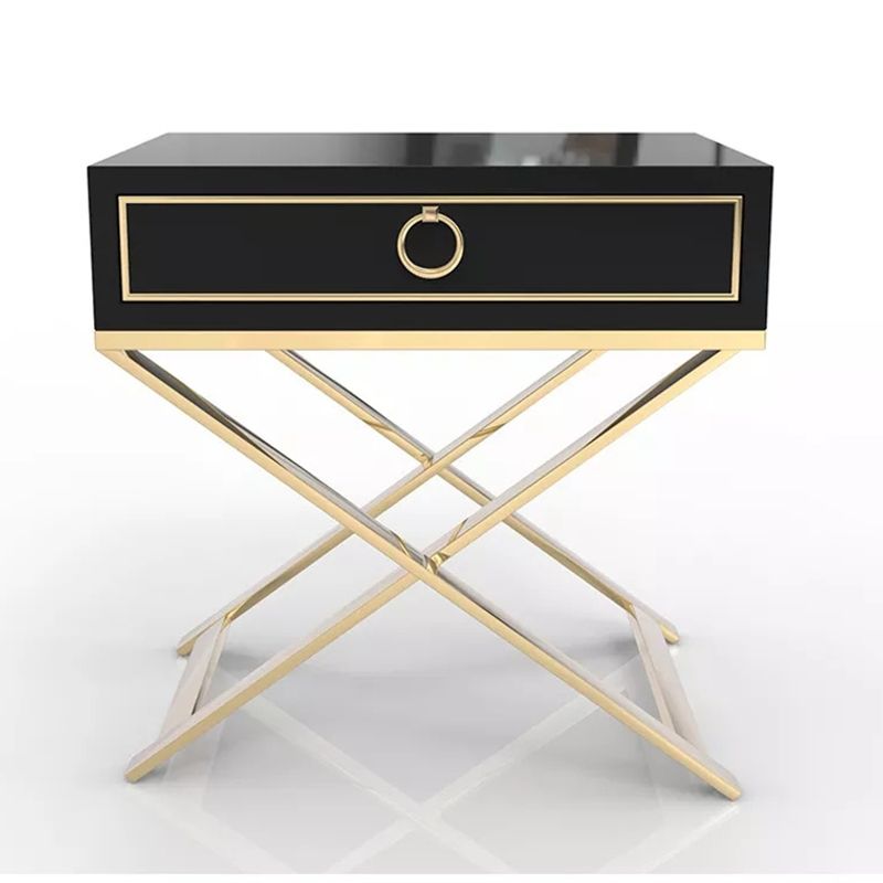 Black Lacquer Bedside Table with Gold Trim | Modern Square Nightstand