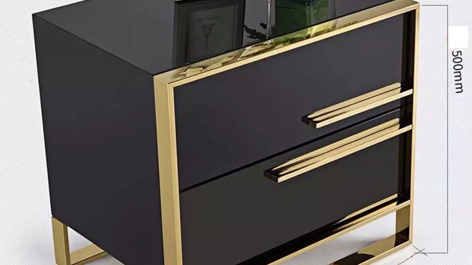 High Gloss Lacquer 2-Drawer Nightstand | Solid Wood Frame with Stainless Steel Legs