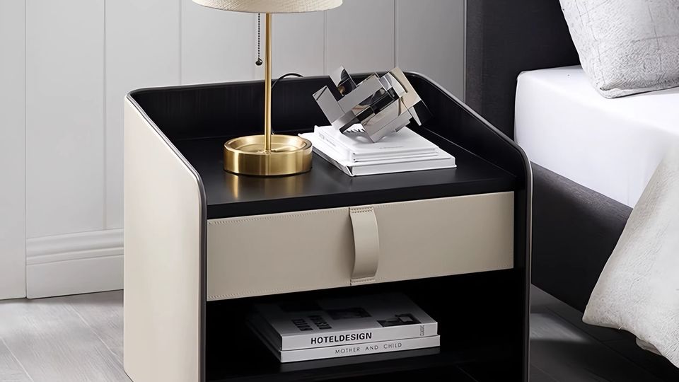 Luxury Leather Bedside Table with Metal Hardware