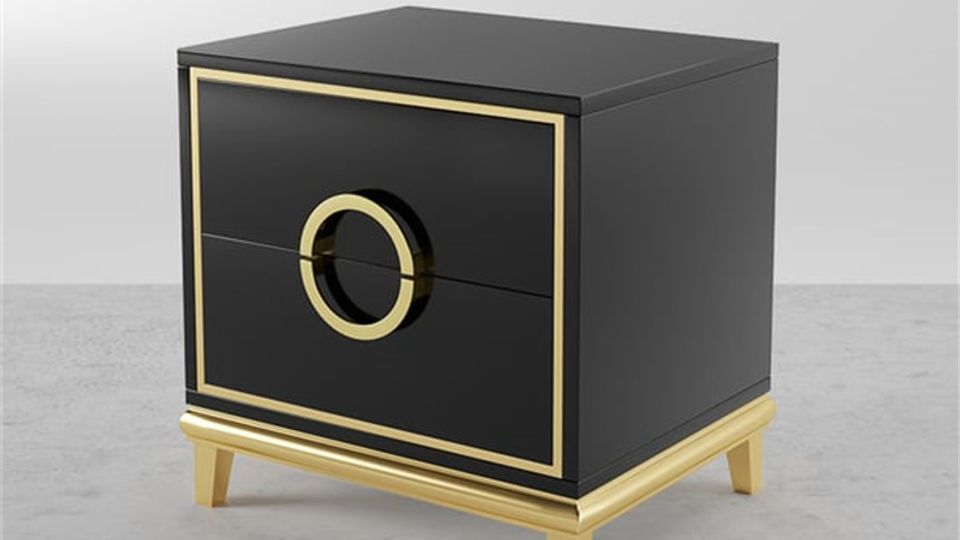 Gold Trim Nightstand | Modern Bedside Table with Stainless Steel Hardware
